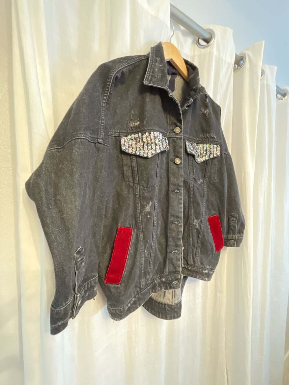 Distressed Black Denim Jacket Sequin Flaps & Red Velvet  
Oversize
Sz M
Fall